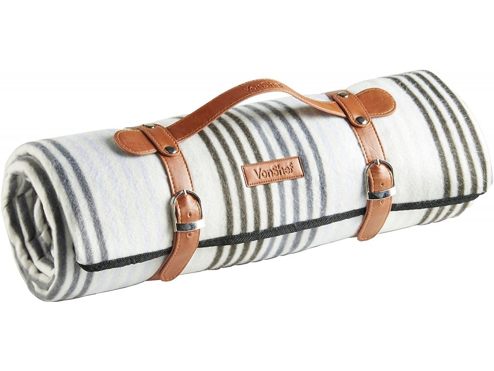 VonShef Picnic Blanket from Waterproof Fabric and Vegan Leather Handle 147x180cm, Gray Striped