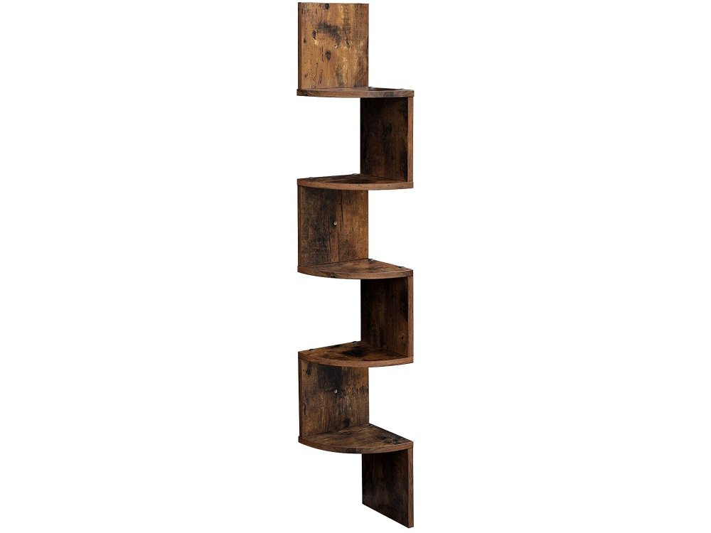 VASAGLE LBC20BX Corner Shelf / Wall Bookcase, 5 Shelves, Floating with Zigzag Design 127x20x20cm in Rustic Style, Brown