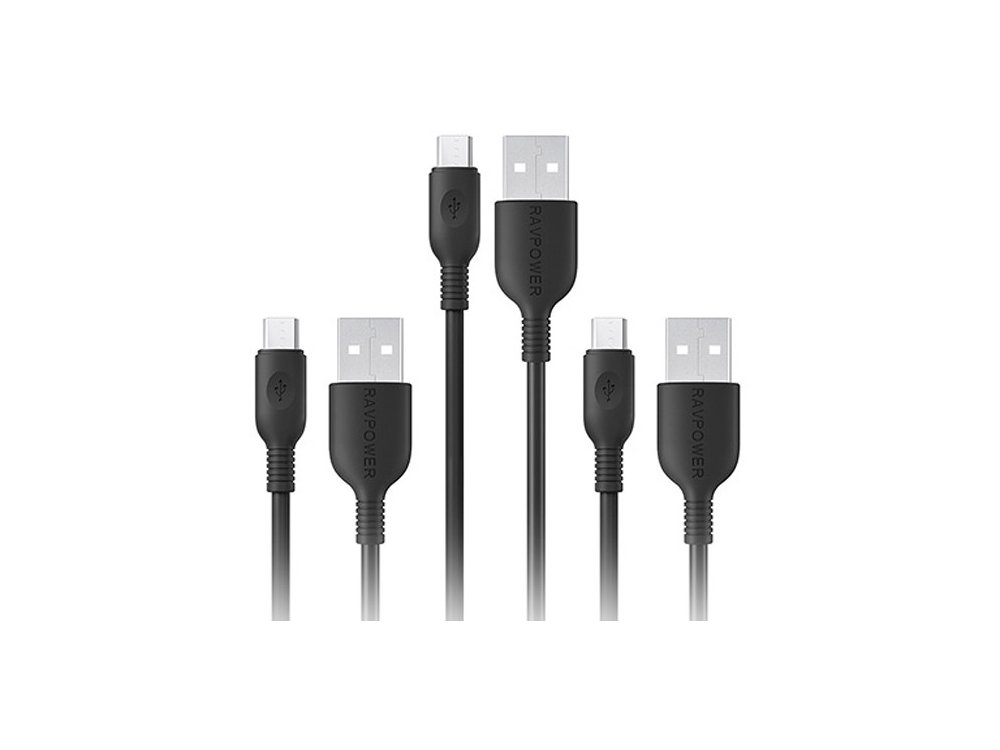 RAVPower Unity M Micro USB Σετ 3 Καλωδίων (2*1μ.+1*2μ.) - RP-LC012, Μαύρο