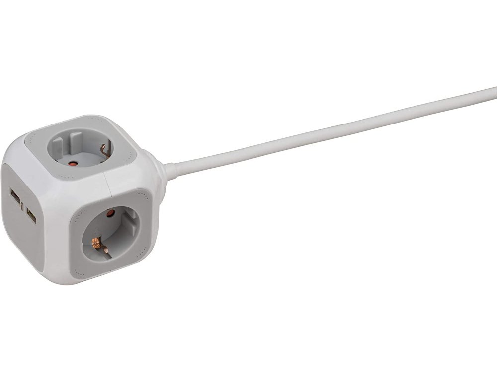 Brennenstuhl Alea PowerCube Multi-socket 4-socket & 2 USB Charging Ports, 1.4M Cable, Light Gray