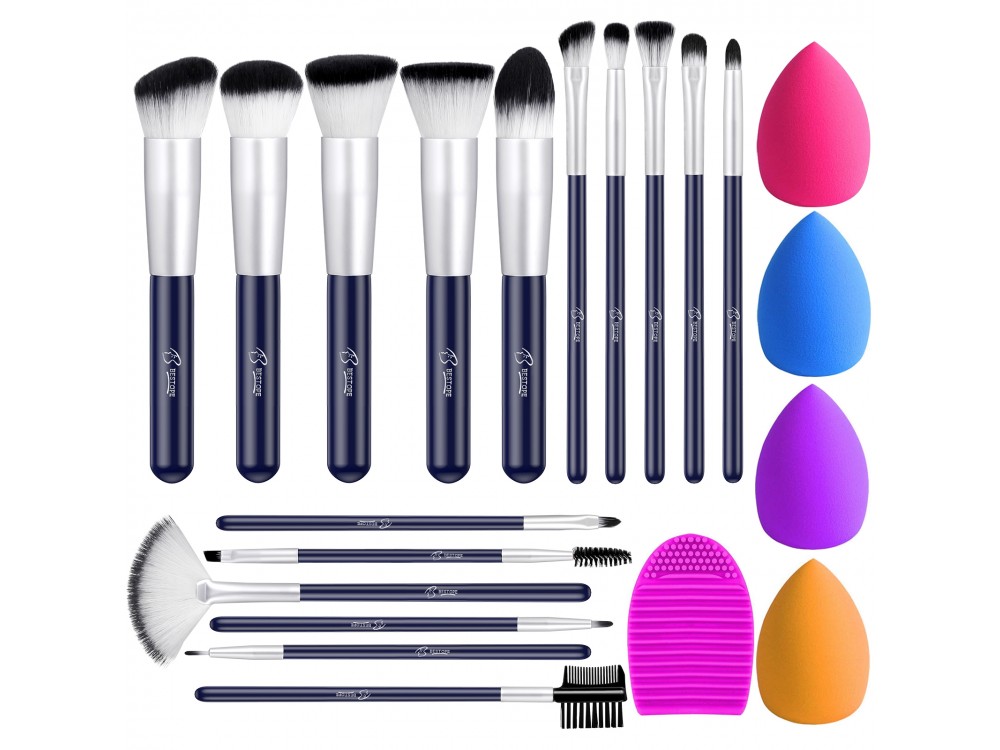 BESTOPE Makeup Brushes, Σετ 16 πινέλων μακιγιάζ, Cruelty-free, Vegan + 4 Beauty Sponges + 1 Silicone Brush Cleaner, Silver