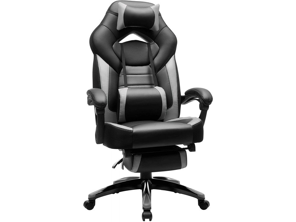 Songmics Premium Gaming Chair, PU Leather Office Chair with 2 Pillows & Footrest, XL, Black / Gray