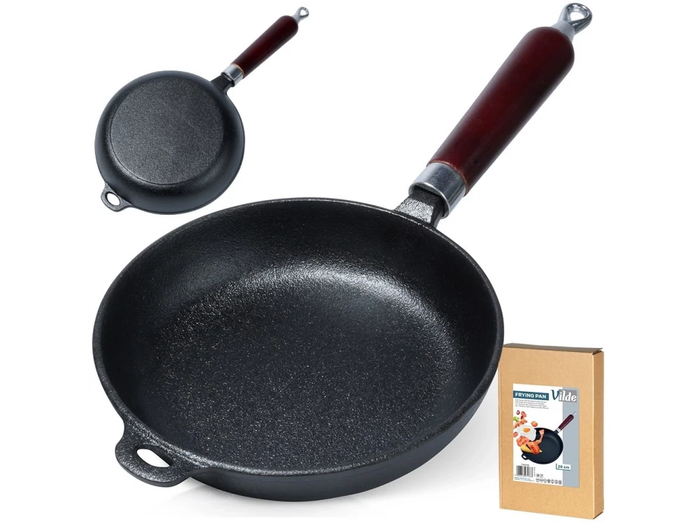 Vilde Premium Cast Iron Skillet 20cm, Cast Iron Skillet with Wooden Handle