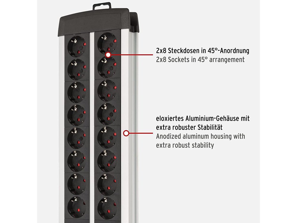 Brennenstuhl Premium-Alu Technics 16-outlet Extension socket, Power strip with Independent switches per 8 & 3M Cable, Black