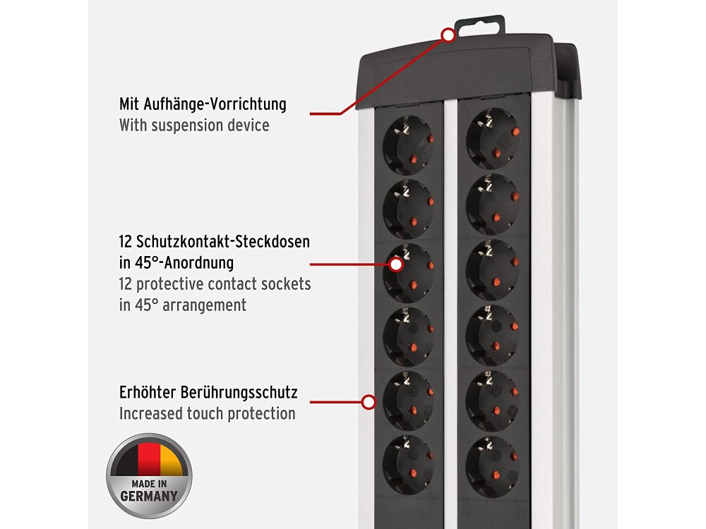 Brennenstuhl Premium-Alu Technics 12-outlet Extension socket, Power strip with independent switches per 6 & 3M Cable, Black