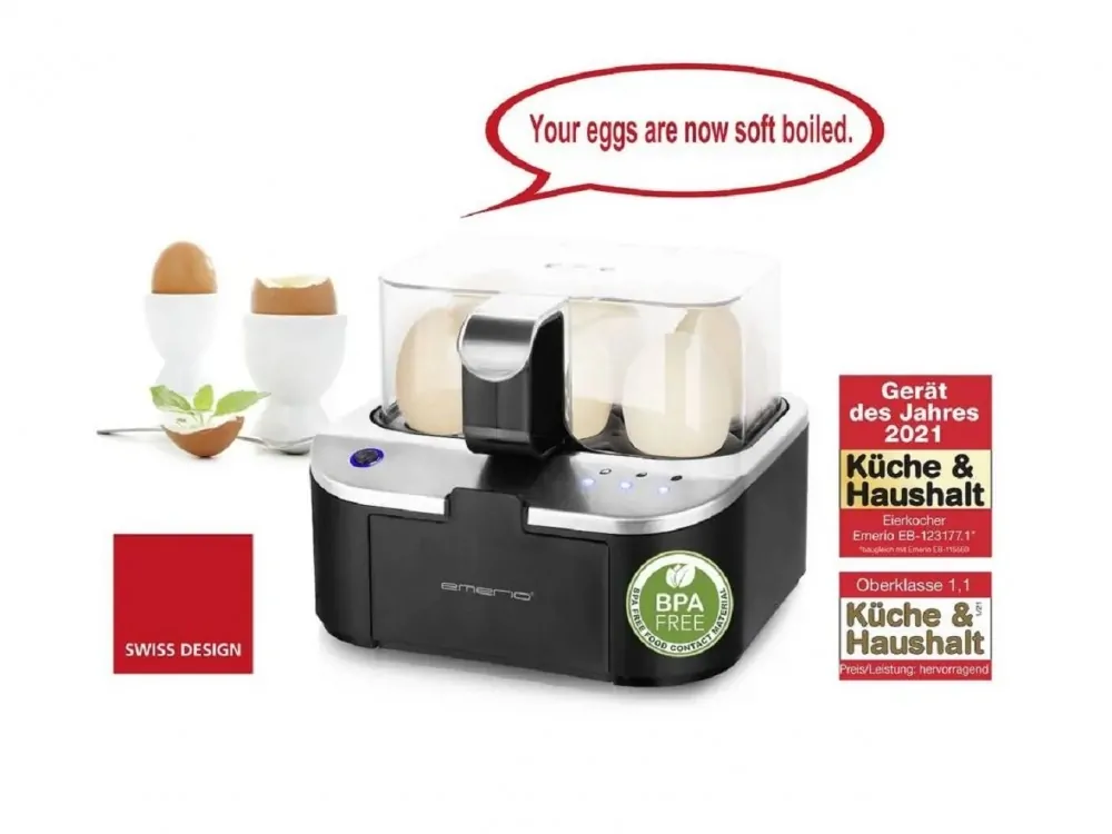 Emerio Egg Boiler, 6 Egg Boiler 400W with 3 Boiling Levels and Voice Alerts, Black