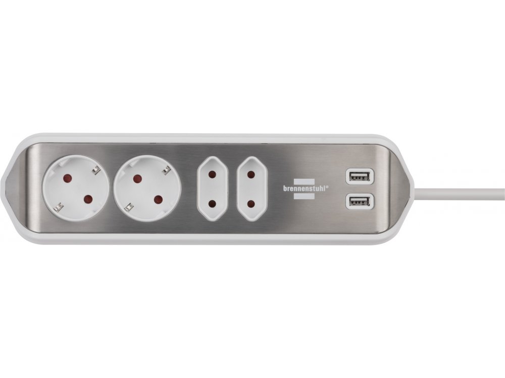 Brennenstuhl Estilo 4-outlet Corner Extension socket, Πολύπριζο Corner με 2*USB Charging Ports, 2M Καλώδιο, Ανοξείδωτο Ατσάλι
