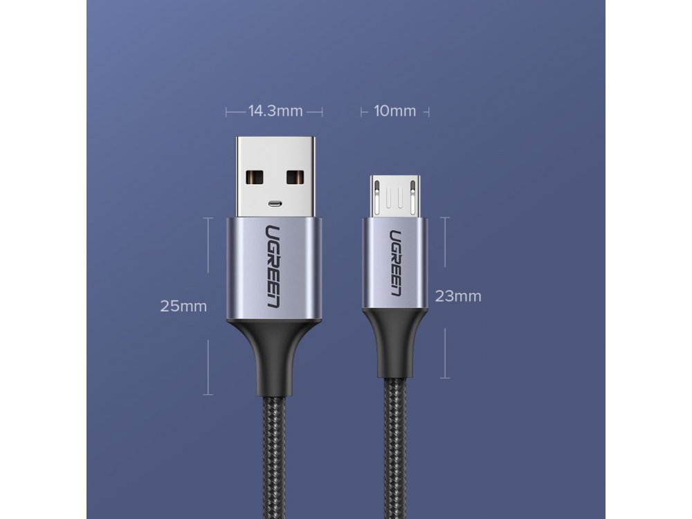 Ugreen Micro USB to USB Cable 0.5m with Nylon Weave and Aluminum Contacts - 60145, Black