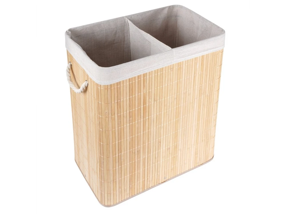 Vilde Bamboo Laundry Basket 90L 50x30.5x60.5cm, 2 Compartments with Lid, Beige