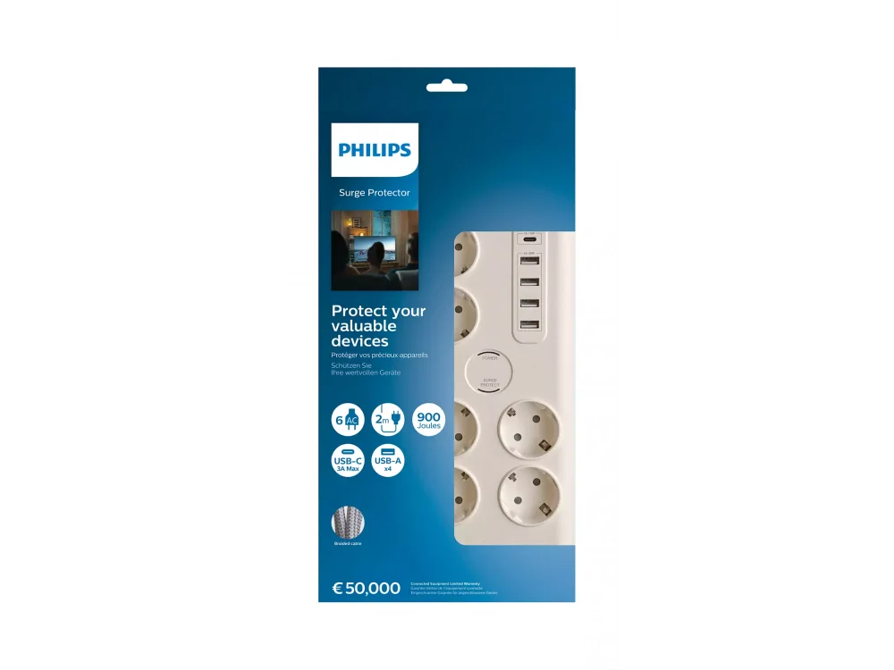 Philips 6-outlet Surge Protection Strip, Πολύπριζο & Προστατευτικό τάσης 6 Θέσεων & 5 x USB με 2M Καλώδιο