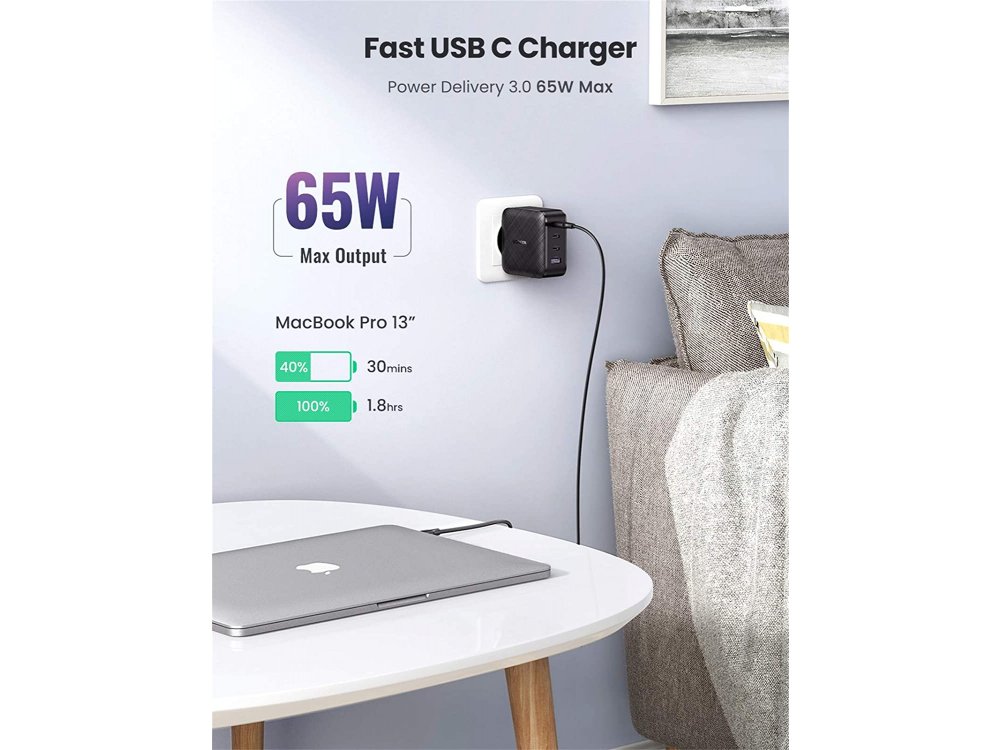 Ugreen 4-Port 3C1A PD Fast Charger, Φορτιστής πρίζας 2-θυρών 65W GaN με Power Delivery, PPS, Quick Charge 4.0, FCP, AFC - 70774