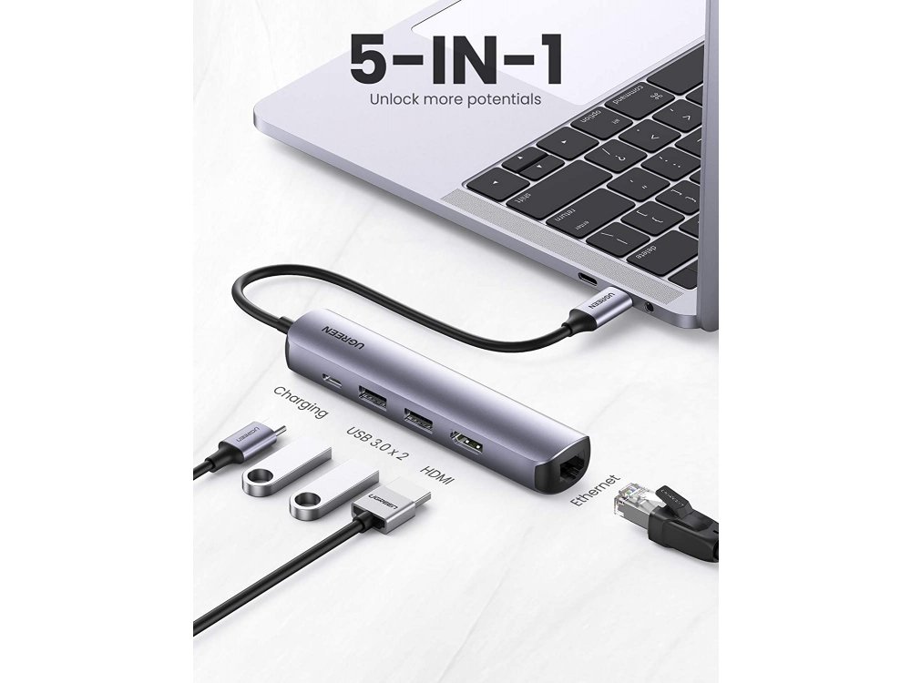 Ugreen 5-1 Aluminum 5-In-1 USB-C Hub 100W with HDMI/4K*1 + USB3.0*3 + Gigabit LAN Θύρες - 10919