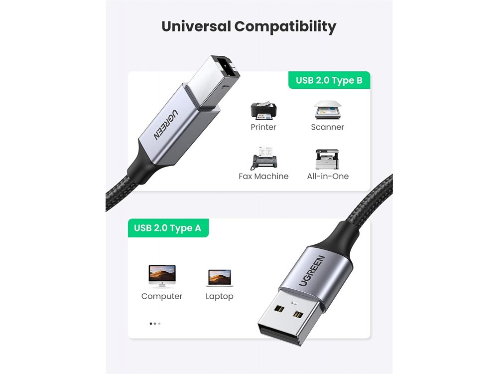 Ugreen USB 2.0 to USB-B Printer / Scanner Cable 1m. with Nylon weave - 80801