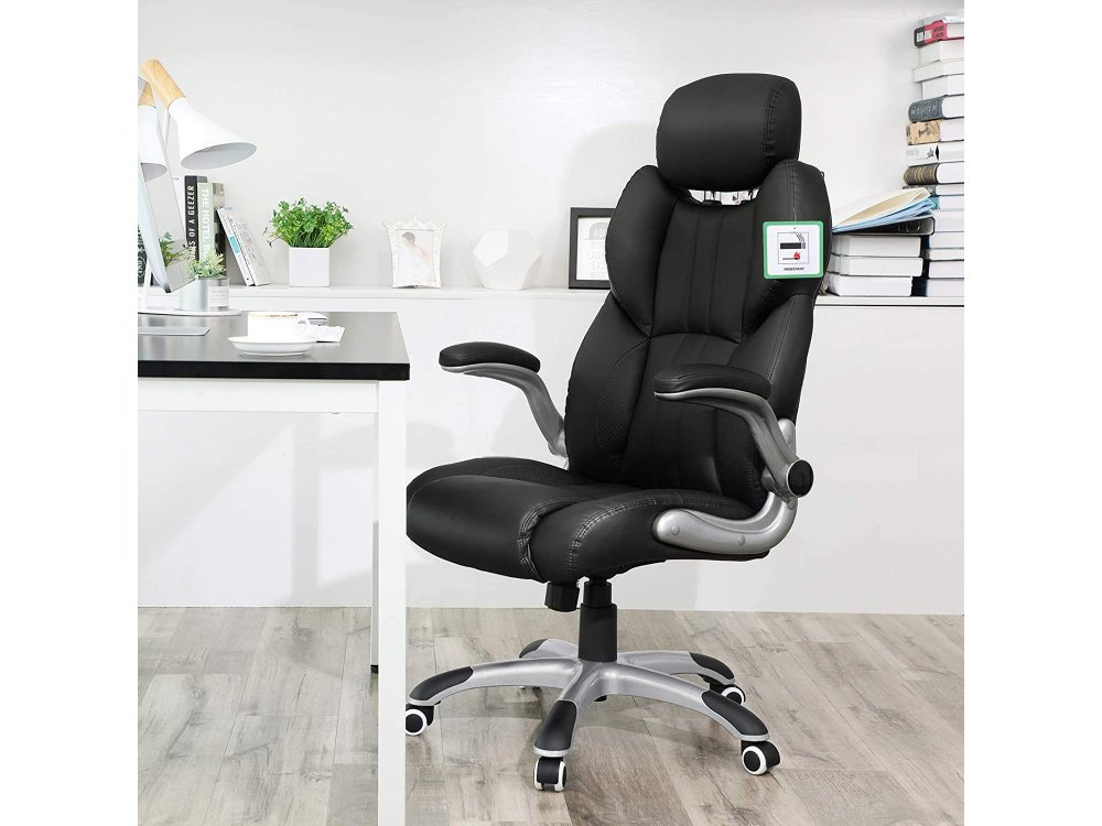 Songmics Executive Office Chair, PU Leather Office Chair with Adjustable Headrest & Adjustable Rooms Arm, Black