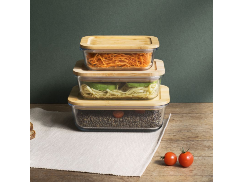 Pubbly Glass Food Containers with Bamboo Lid for Airtight Storage, in various sizes, Set of 3