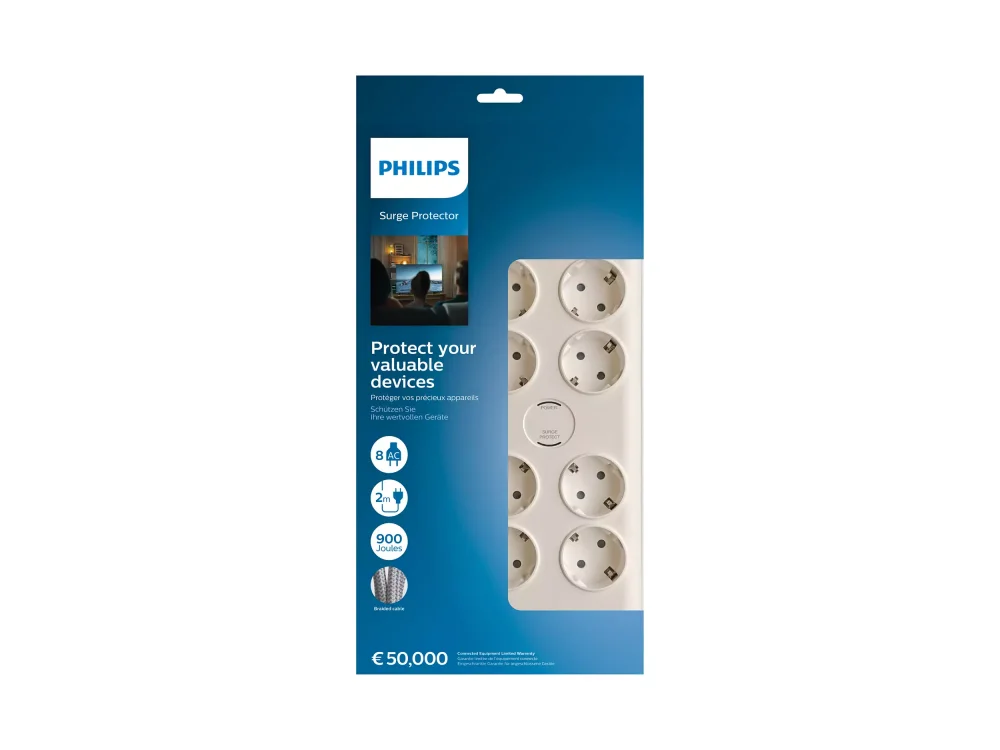 Philips 8-outlet Surge Protection Strip, Πολύπριζο & Προστατευτικό τάσης 8 Θέσεων με 2M Καλώδιο SPN7080WA - Λευκό