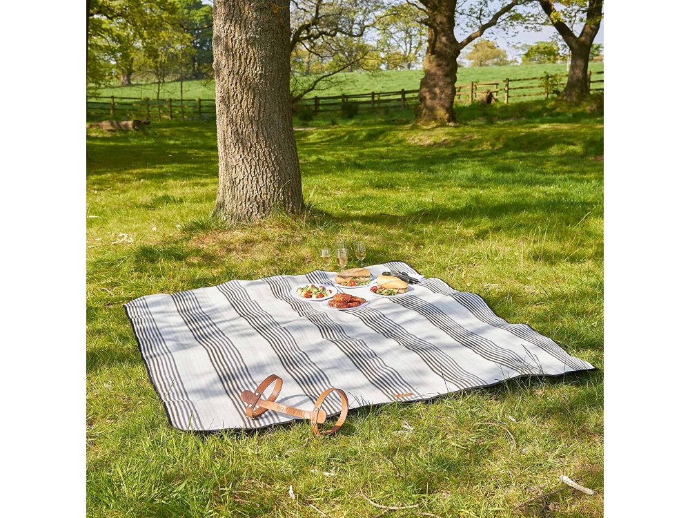 VonShef Picnic Blanket from Waterproof Fabric and Vegan Leather Handle 147x180cm, Gray Striped