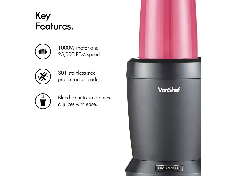 VonShef UltraBlend Smoothie Maker 2013283, Μπλέντερ για Smoothies με 2 BPA-Free Κανάτες 800ml & 500ml και Ισχύ 1000Watt