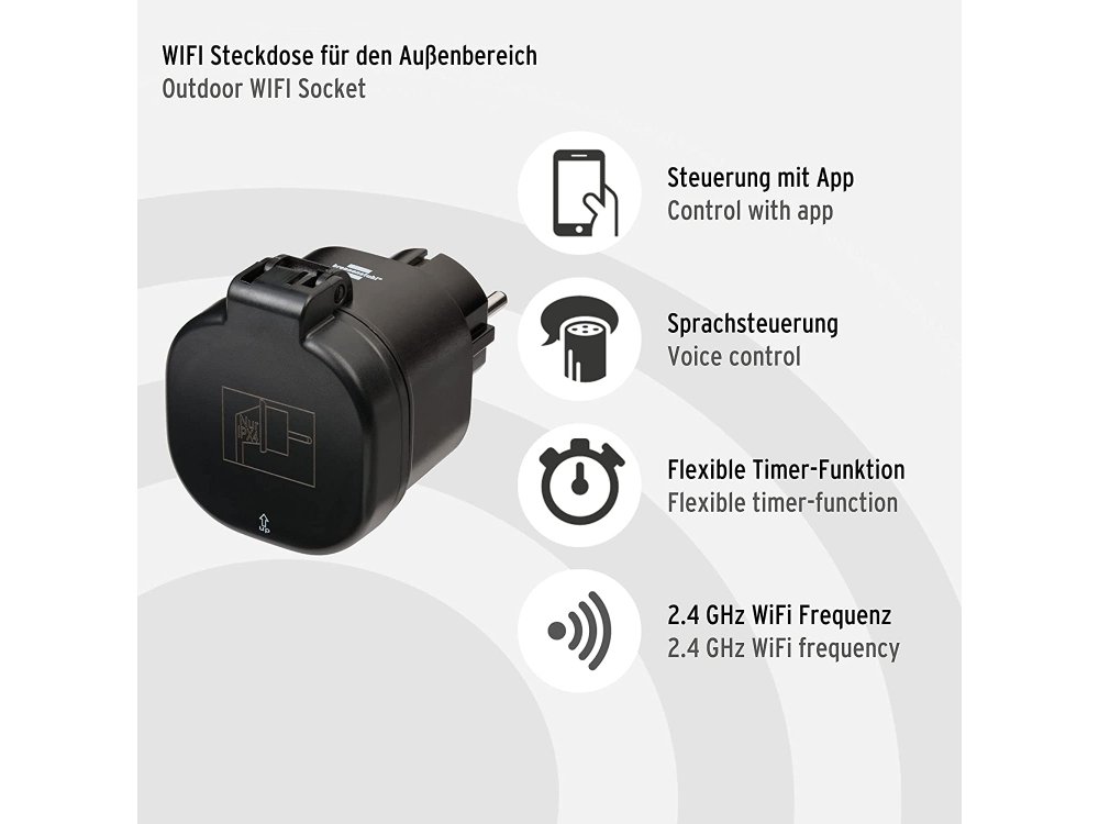 Brennenstuhl Connect WiFi socket, Smart Outlet (No Hub needed) IP44, WA 3000, Voice Control, Black