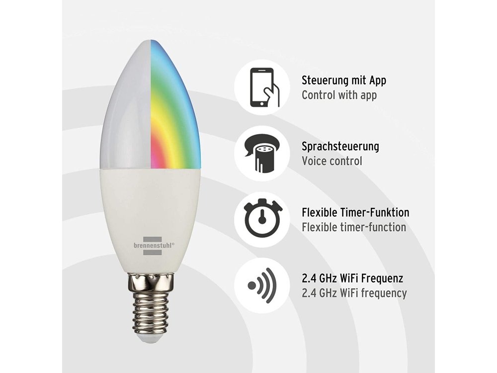Brennenstuhl Connect Smart WiFi LED lamp, White & RGB 5W E14 (No Hub needed), 400 lm