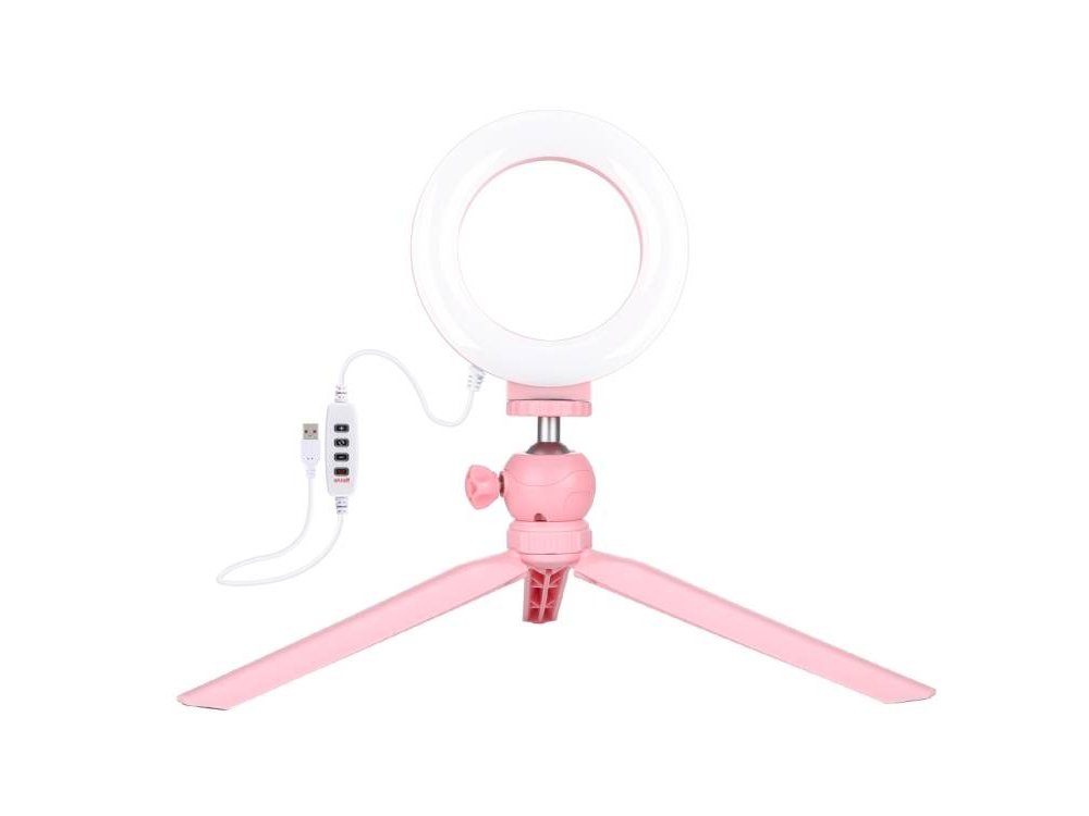 Puluz LED Ring Light 12cm Dimmable Temperature 3200K-6500K + Tripod - PKT3091F, Pink