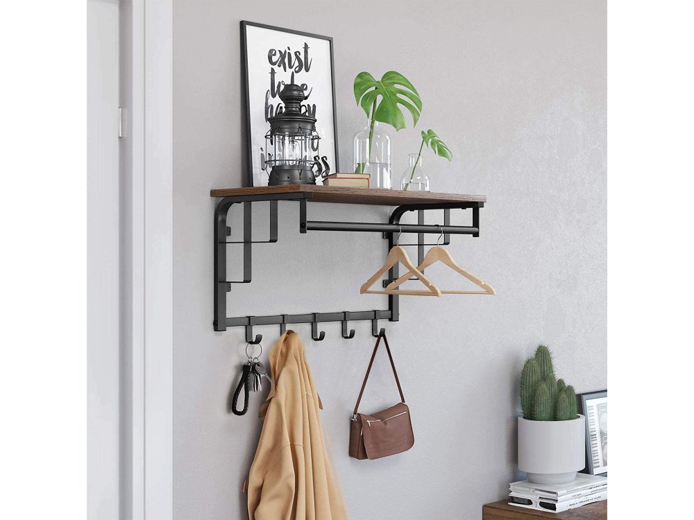 VASAGLE Coat Rack LCR12BX Clothes Hanger / Wall Shelf, with 5 Hooks & Rail 66 x 30 x 27cm in Rustic Style, Brown