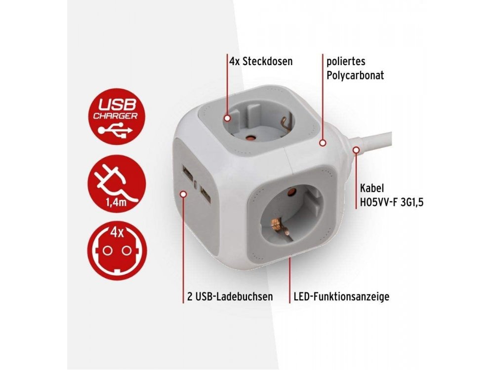 Brennenstuhl Alea PowerCube Multi-socket 4-socket & 2 USB Charging Ports, 1.4M Cable, Light Gray