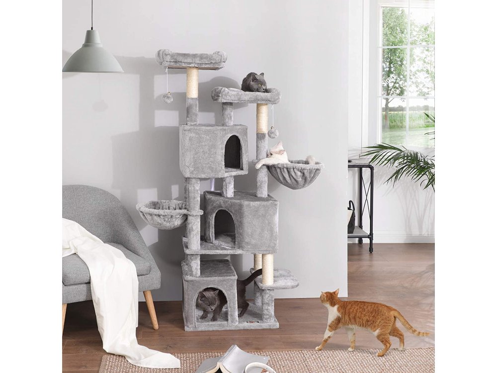 FEANDREA Velvet Nail Track with Pillars, 8 Level Cat Tree with 3 Hiding Houses, from Sisal 55x40x164cm - PCT98W, Light Gray