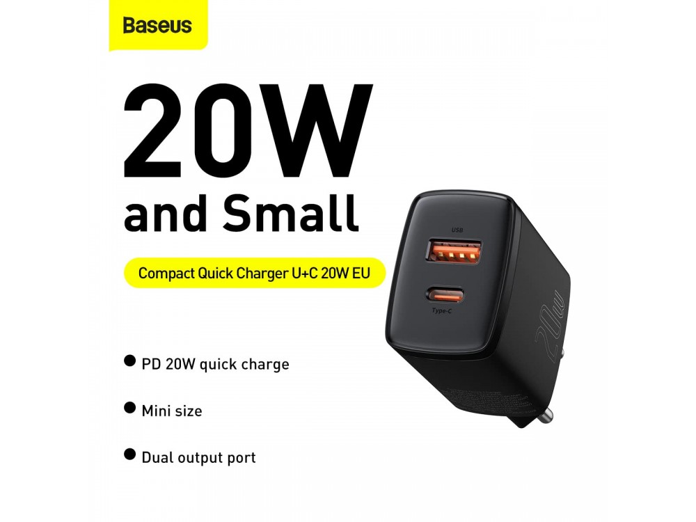 Baseus Compact Φορτιστής Πρίζας 2-θυρών 20W με Power Delivery και Quick Charge 3.0, Μαύρος - CCXJ-B01
