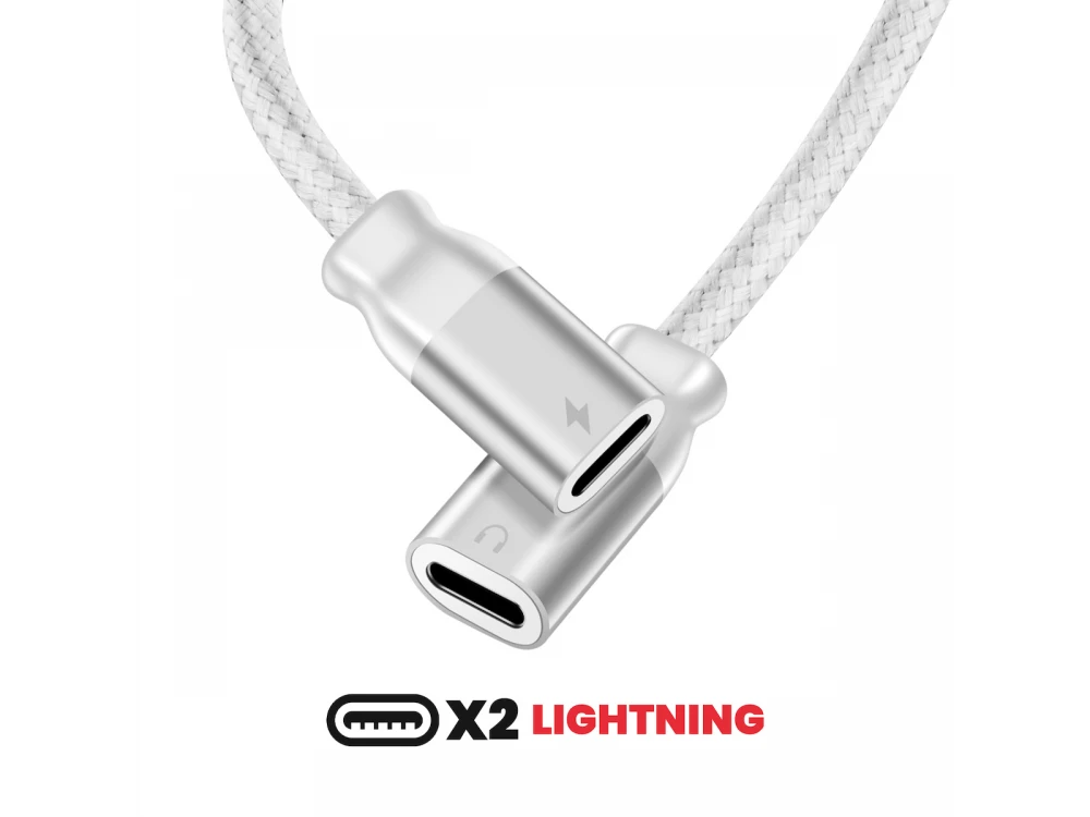 Swissten Textile Lightning Male σε 2x Lightning Female Audio Charging Splitter 12εκ., White