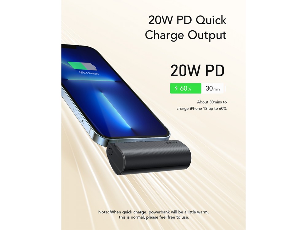 Veger V0556P 5000 PD 22.5W Lightning Mini Power Bank 5.000mAh Power Delivery & QC3.0, Black