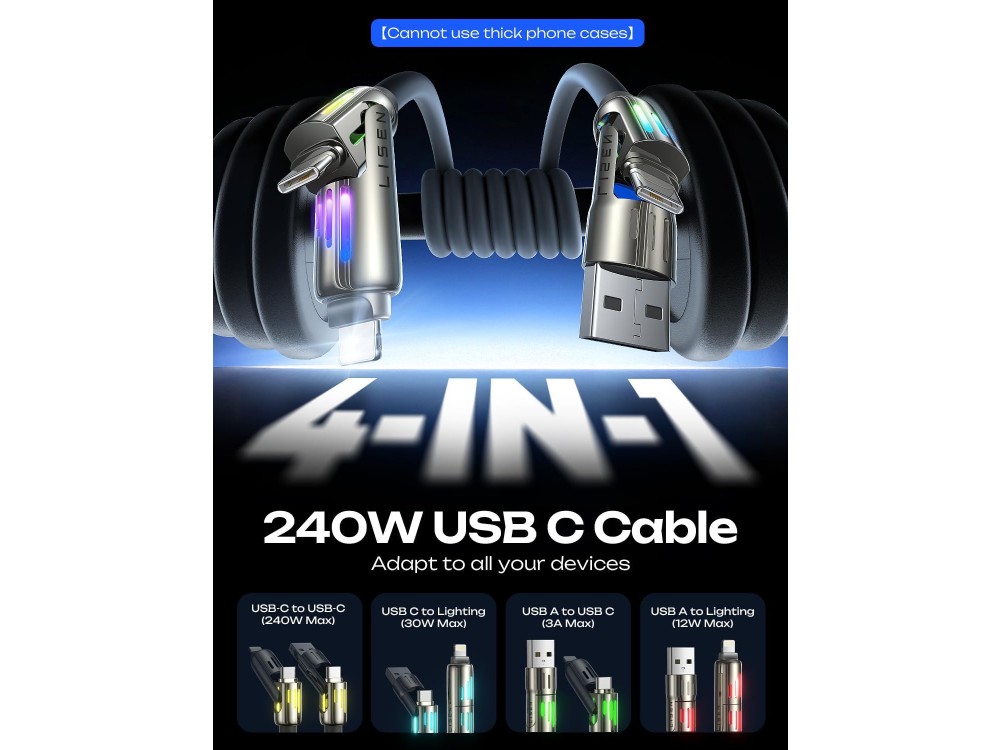 Lisen 4-in-1 Lightning / Type-C / USB-A Καλώδιο 2μ. 240W με RGB, Grey