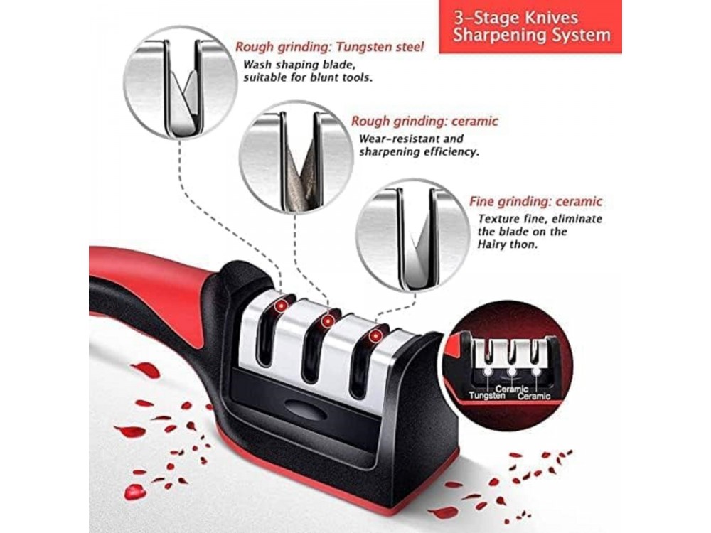 AJ 3-in-1 Kitchen Knife Sharpener, Ακονιστήρι Mαχαιριών Χειρός με 3 Επίπεδα Ακονίσματος, Black/Red