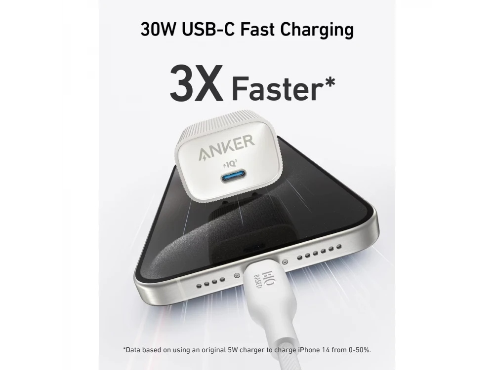 Anker Nano 4 30W Type-C Plug Charger with GaN PD / PIQ3.0 / PPS & ActiveShield 3.0 & Eco-Friendly Design, White
