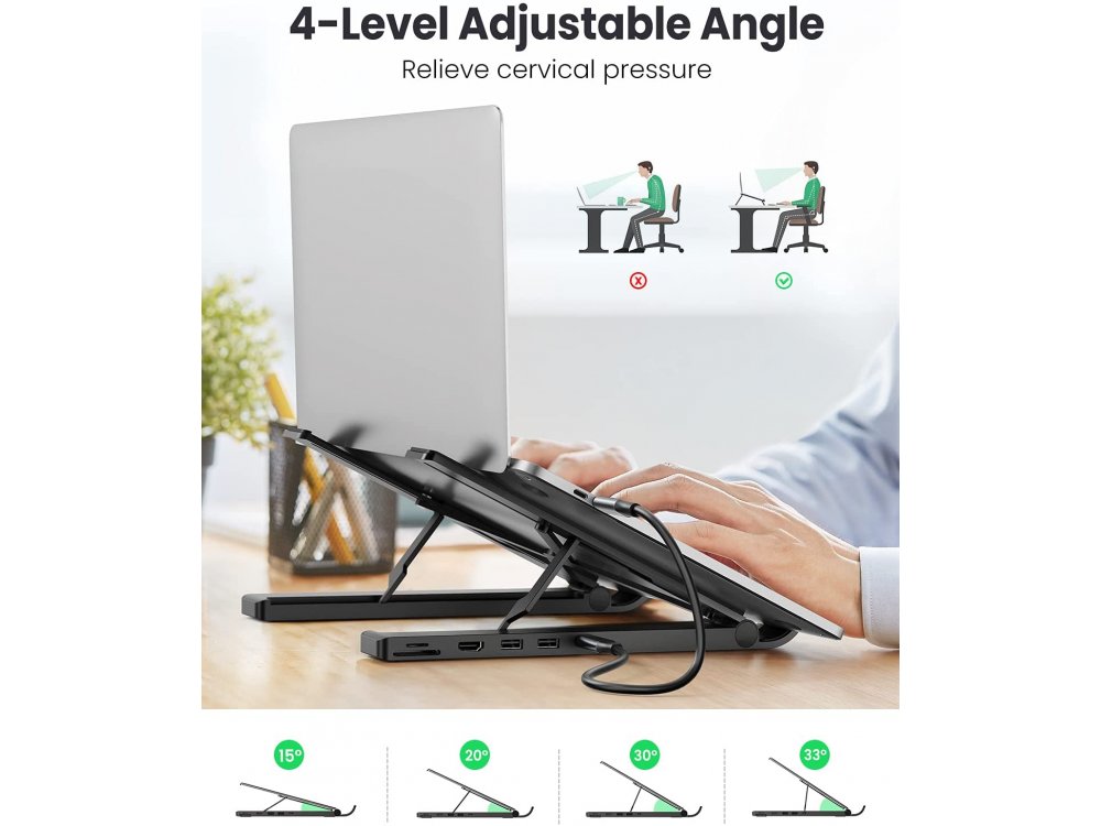Ugreen Portable Laptop Stand & USB-C Hub 5-in-1 HDMI / 4K + Card Reader + USB 3.0 Adjustable Height & Foldable Stand - 80551
