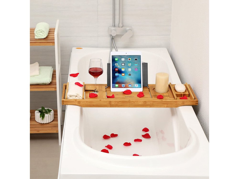 Songmics Multifunctional Bamboo Bathtub Shelf with Place for Book / Tablet, Glass etc. - BCB88Y