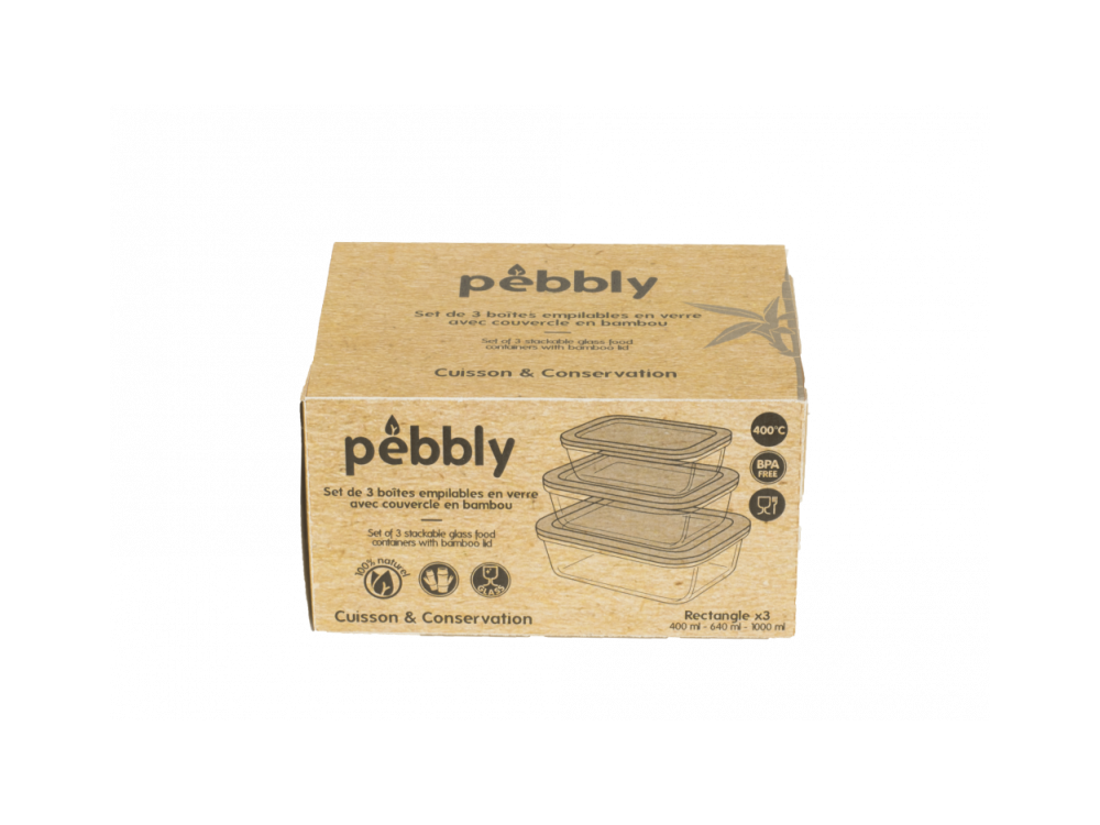 Pebbly Γυάλινα Δοχεία Τροφίμων με Καπάκι από Μπαμπού για Αεροστεγή Αποθήκευση, σε διάφορα μεγέθη, Σετ των 3