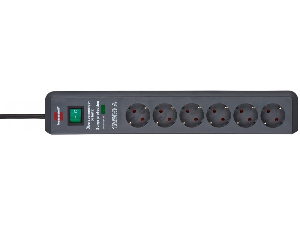 Brennenstuhl Secure-Tec 6-outlet Surge Protection Strip, 19.500Α with switch & 2M cable