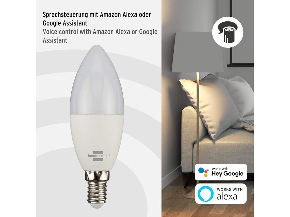 Brennenstuhl Connect Smart WiFi LED lamp, White & RGB 5W E14 (No Hub needed), 400 lm