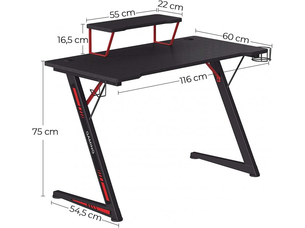 Songmics Gaming Desk με Z-Shaped Steel Frame, Monitor Stand, Headphone Hook & Cup Holder, Black/Red