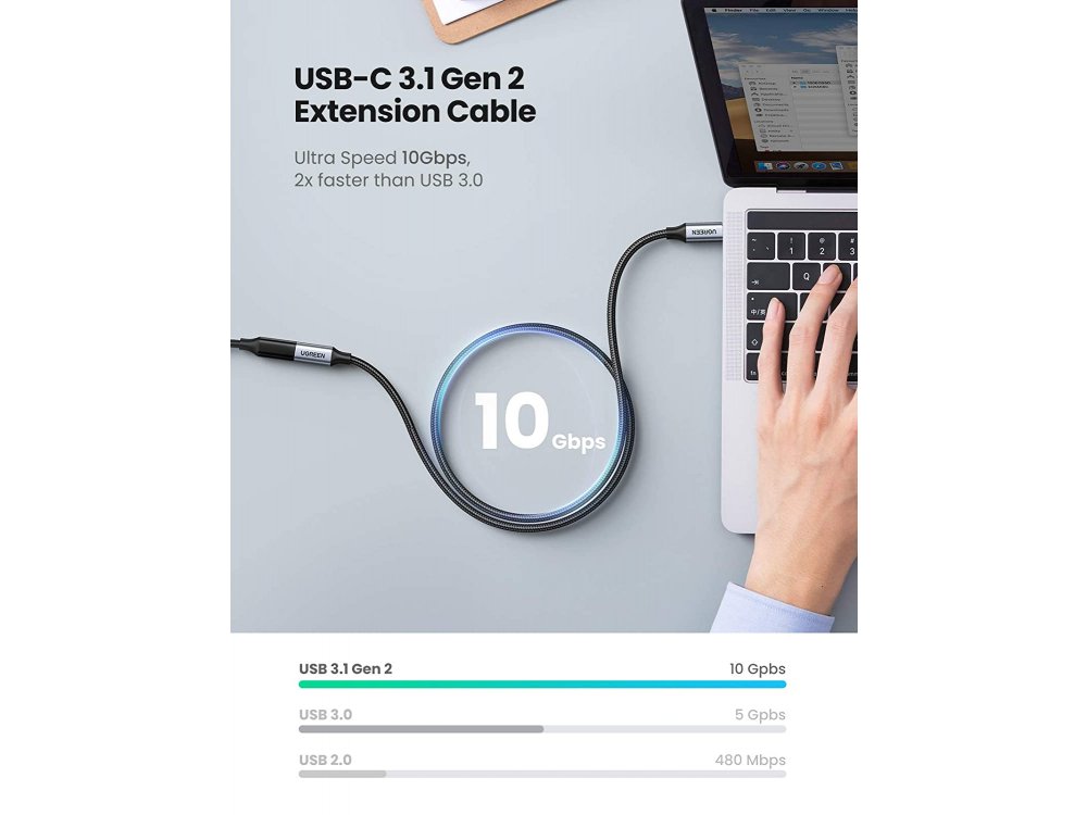 Ugreen USB-C Extension Cable 0.5m. Type-C Female to Type-C Male USB3.1 Gen2 10Gbps, with Nylon Weave - 80810, Black