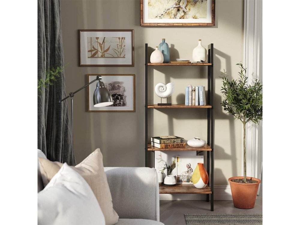 VASAGLE Ladder Shelf, Floor Bookcase, 4 Shelves with Steel Frame and Brown Surface in Rustic Style 56x34x138cm - LLS44X
