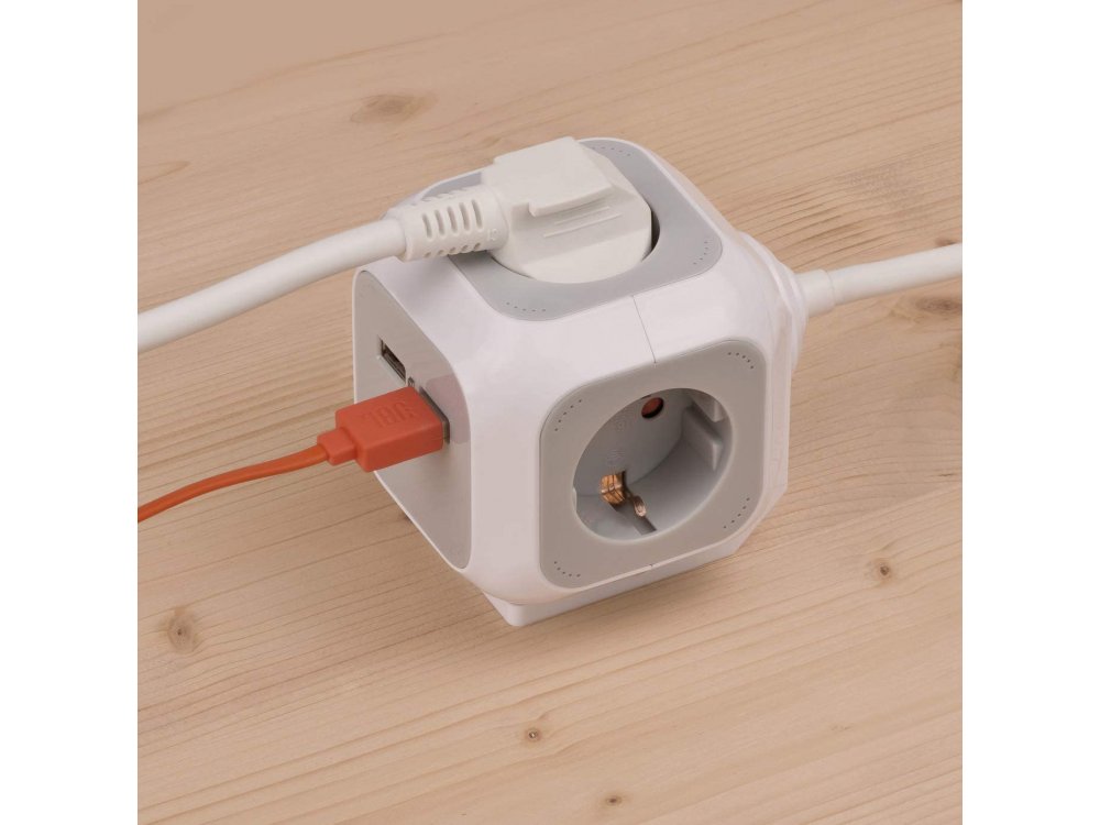 Brennenstuhl Alea PowerCube Multi-socket 4-socket & 2 USB Charging Ports, 1.4M Cable, Light Gray