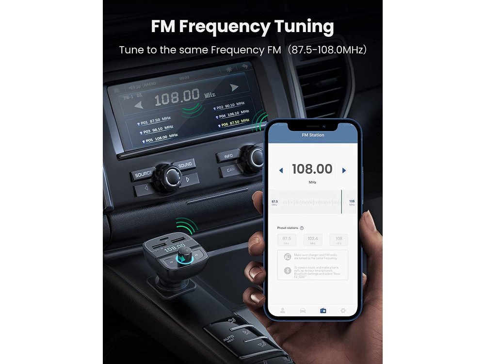 Ugreen FM Transmitter Bluetooth 5.0 Handsfree Αυτοκινήτου & MP3 Player & Φορτιστής 2 Θυρών PD / QC3.0 + Card Reader - 80910