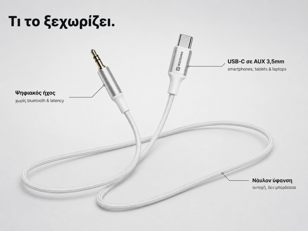 Swissten Textile Καλώδιο USB-C σε AUX 3.5mm με Νάυλον Ύφανση 1.5.μ, White