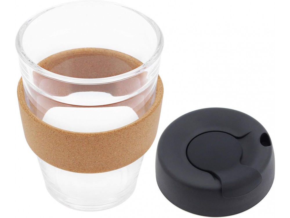 AJ 340ML Reusable Glass Coffee Cup, Brew Cork, Black