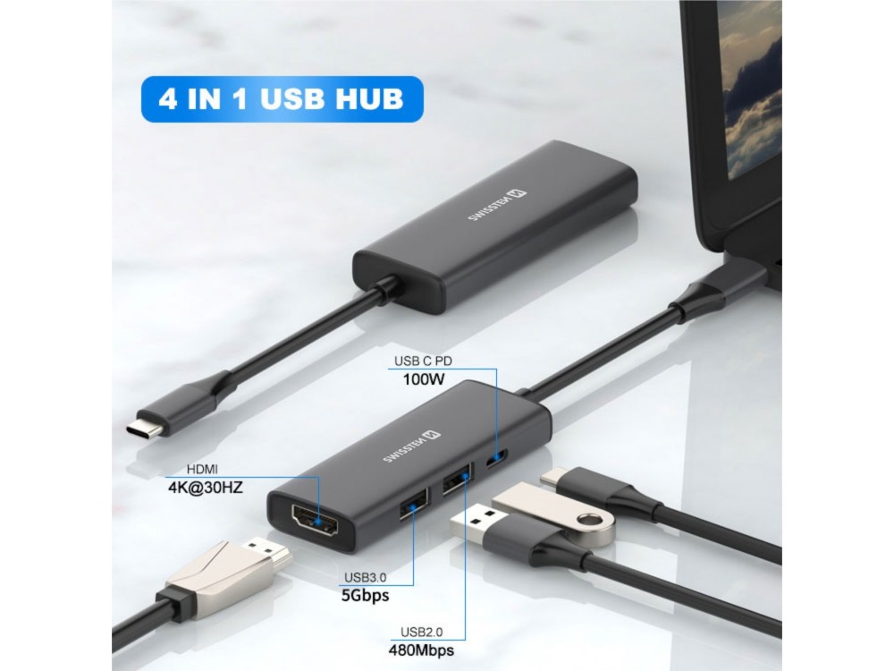 Swissten 4-in-1 USB C Data Hub - HDMI/4K*1 + USB3.0 + USB2.0 + USB-C 100W PD Charging