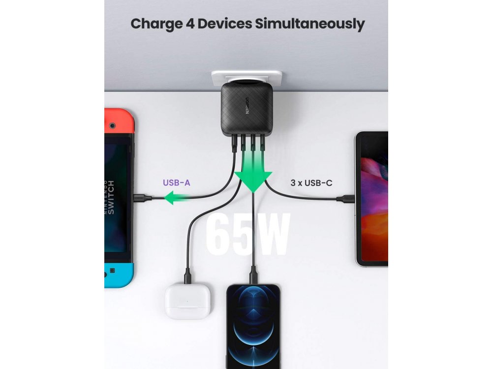 Ugreen 4-Port 3C1A PD Fast Charger, 65W GaN with Power Delivery, PPS, Quick Charge 4.0, FCP, AFC - 70774