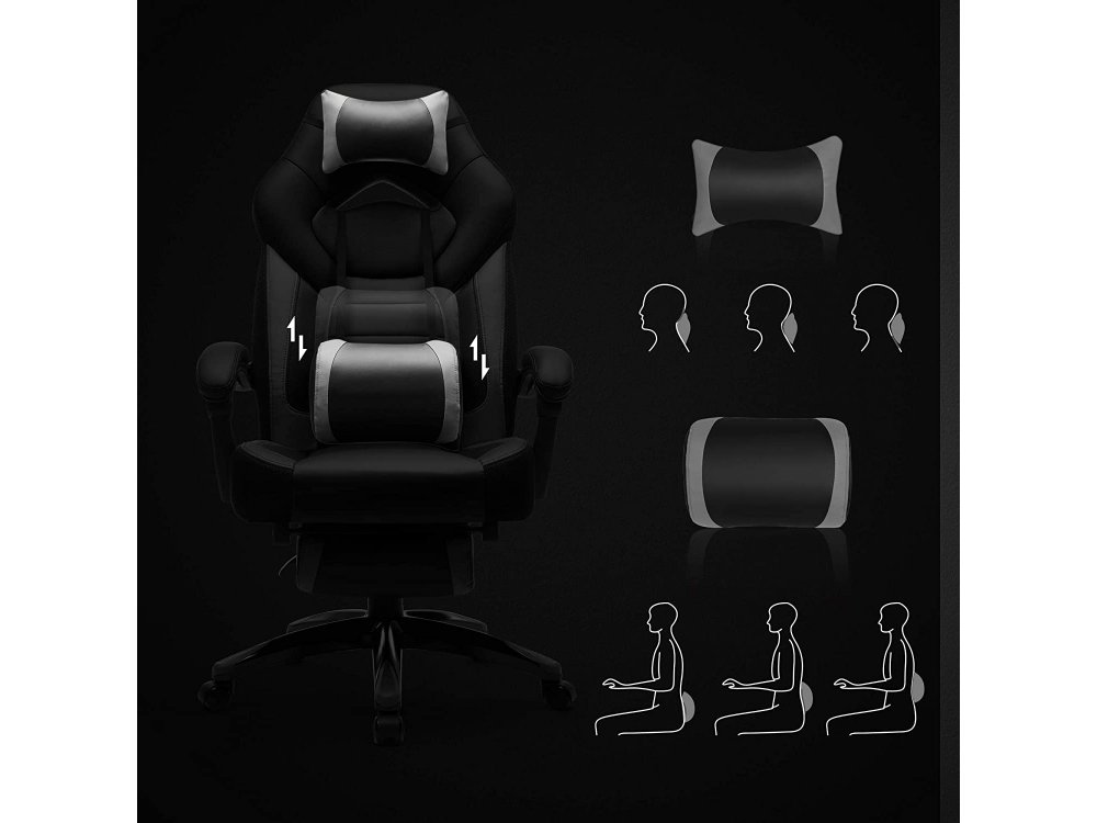 Songmics Premium Gaming Chair OBG77BG, PU Leather Καρέκλα Γραφείου με 2 Μαξιλάρια & Υποπόδιο, XL, Black / Grey
