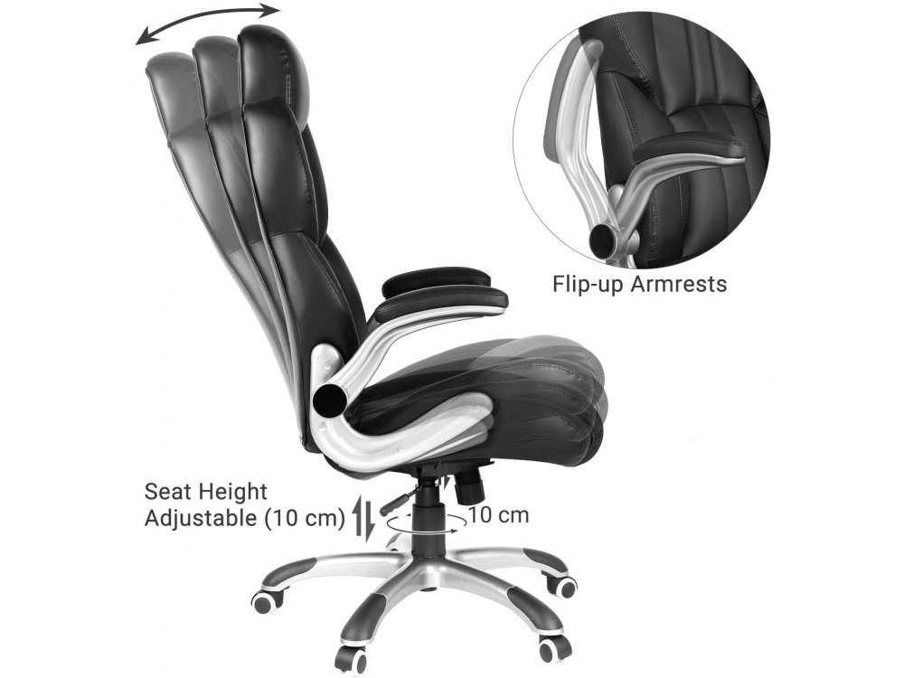 Songmics Executive Office Chair, PU Leather Καρέκλα Γραφείου με Ανάκλιση, Ρυθμιζόμενο Headrest & Μπράτσα - OBG65BK, Black